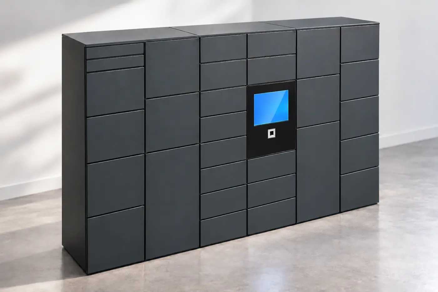 ISILOCKER écran tactile : banque de casiers connectés anthracite avec module principal à écran et lecteur QR code