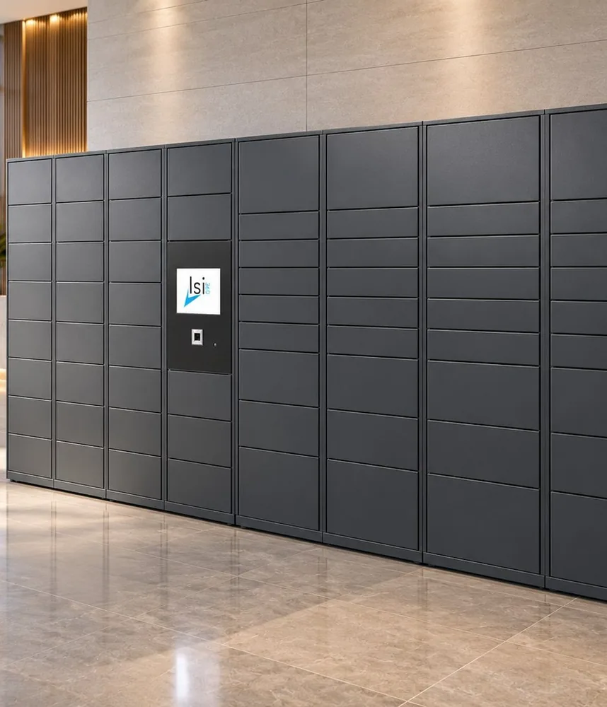 Casiers connectés ISILOCKER à écran tactile dans un hall d'accueil d'entreprise