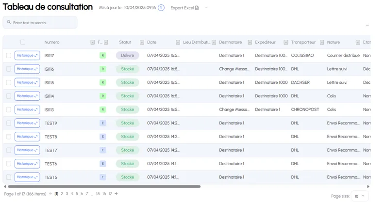 Interface ISITRAC 360 : tableau de consultation des colis du locker connecté