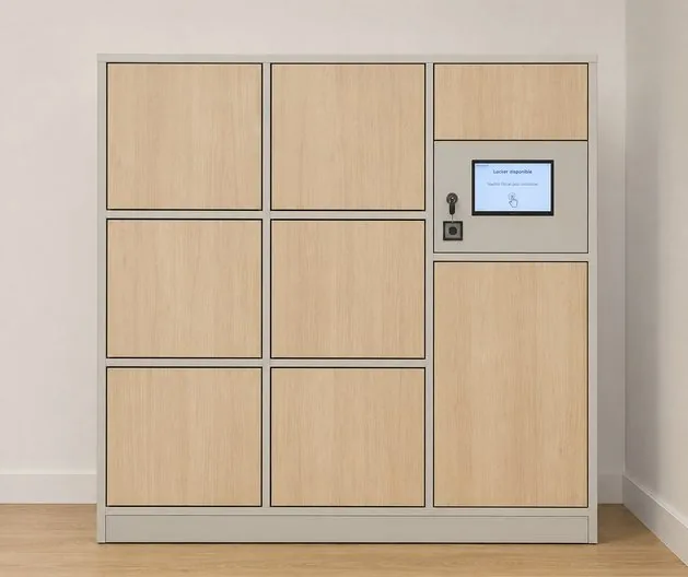 Locker bois chêne clair, 7 cases et tablette tactile