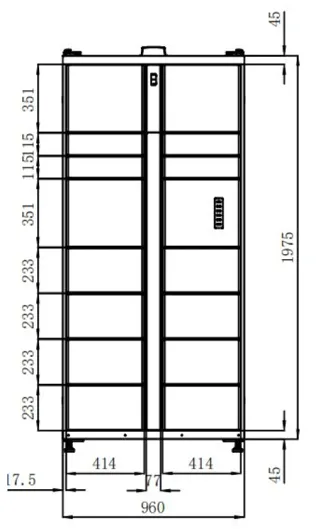 Plan technique de l'armoire Locker Lite IsiLocker 15 cases : 1975 x 960 x 575 mm