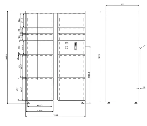 Dimensions du Locker Lite D Series : 1866 x 1200 x 660 mm, 11 cases