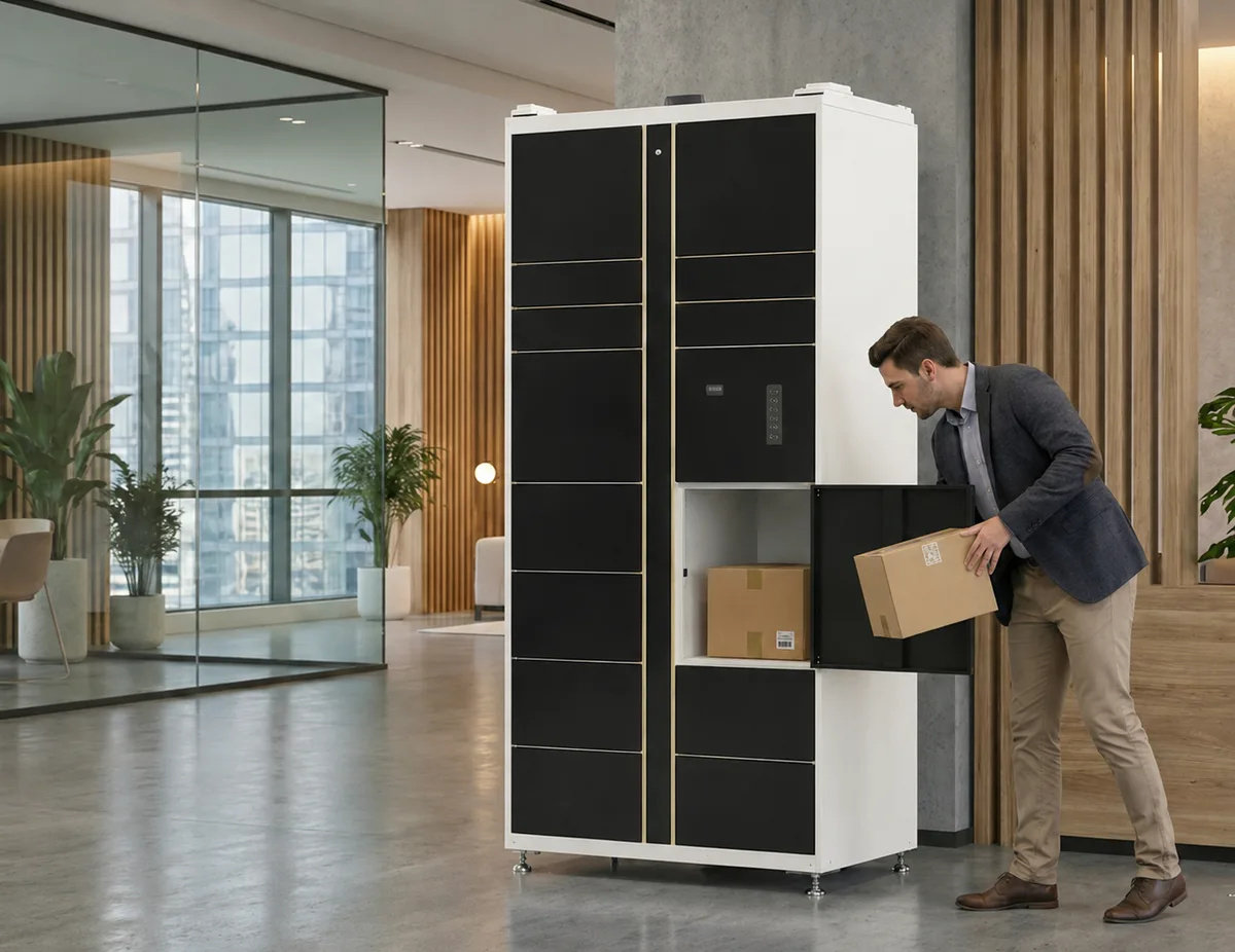 Locker Lite IsiLocker en situation : retrait d'un colis dans un casier connecté au stickage noir sur-mesure